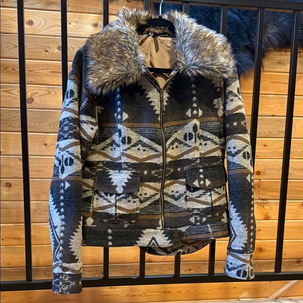 Stetson Geometric Pattern Bomber Jacket With Fur … - image 1